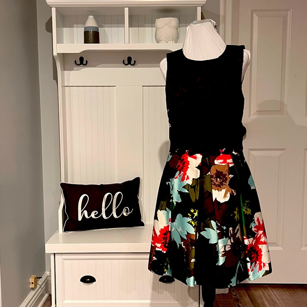 Trina Turk Aline dress with dark blue and burgundy lace top pleated floral